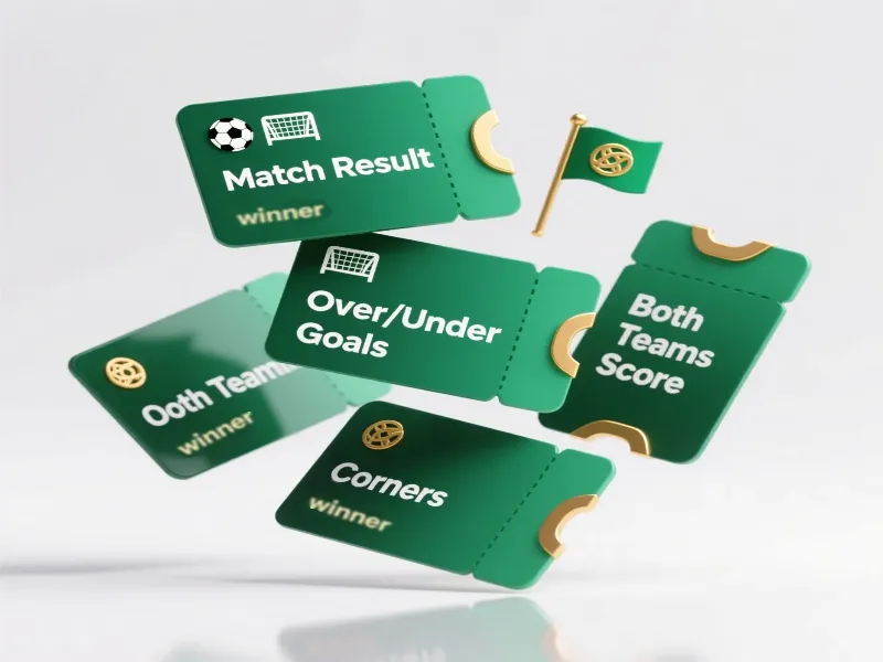 Various betting market types illustrated with betting slips showing match result, over under goals, both teams score, and corners markets