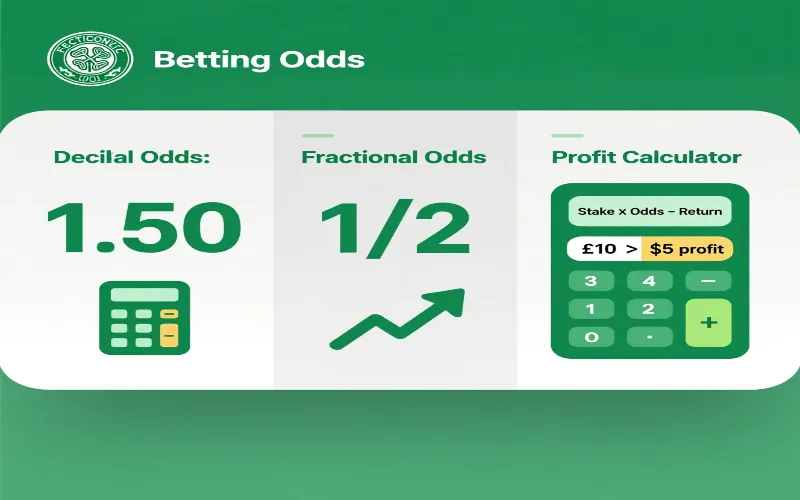 Betting odds explanation infographic showing decimal, fractional, and American odds with calculation examples