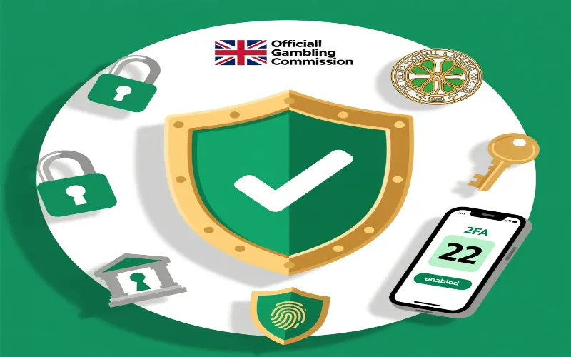 Security shield with licensing badges showing UK Gambling Commission, SSL encryption, and betting site protection