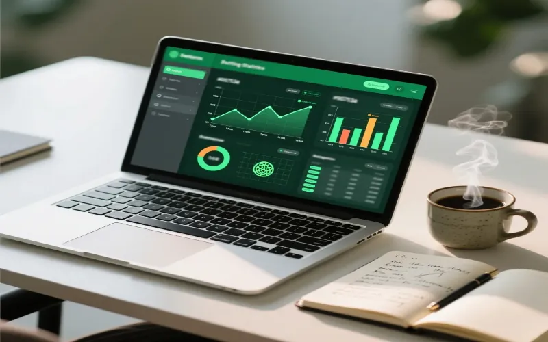 Professional betting strategy visualization with laptop displaying statistics dashboard, charts, and data analysis for informed betting decisions