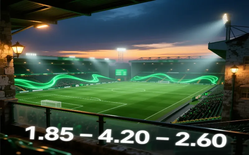 Celtic Park football stadium atmospheric view showing the iconic venue with betting odds overlays representing home advantage factor