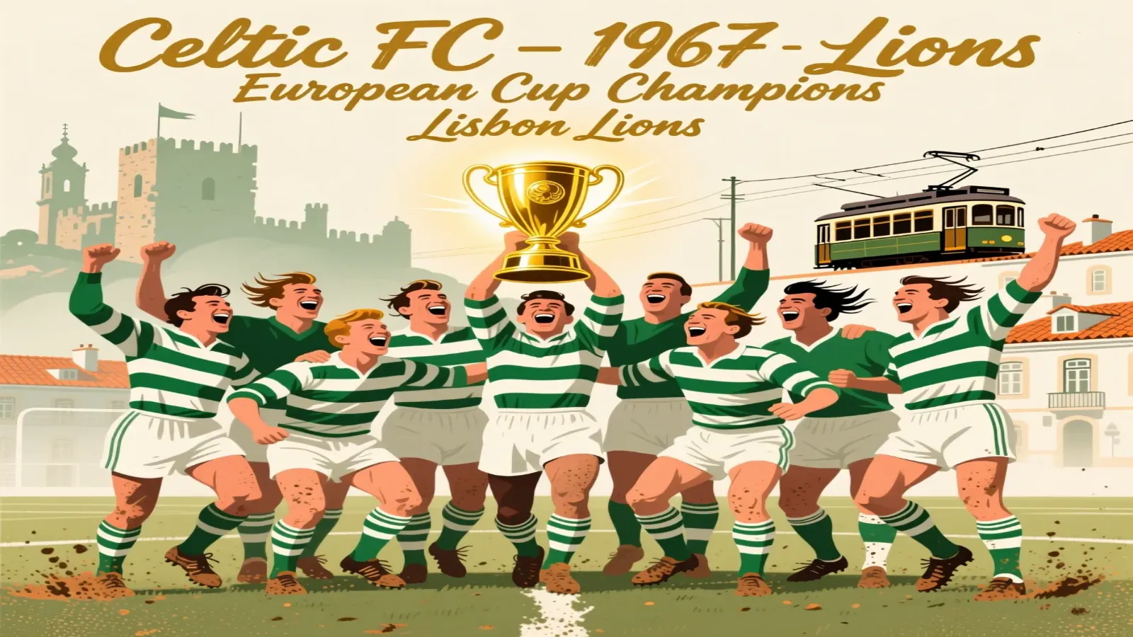 Lisbon Lions 1967 European Cup victory celebration showing Celtic players with trophy in vintage style
