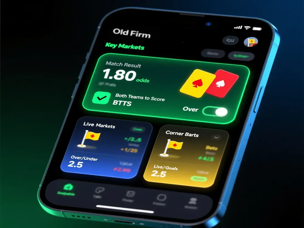 Old Firm betting markets dashboard showing match result odds, BTTS, over under goals, card markets and corner betting options