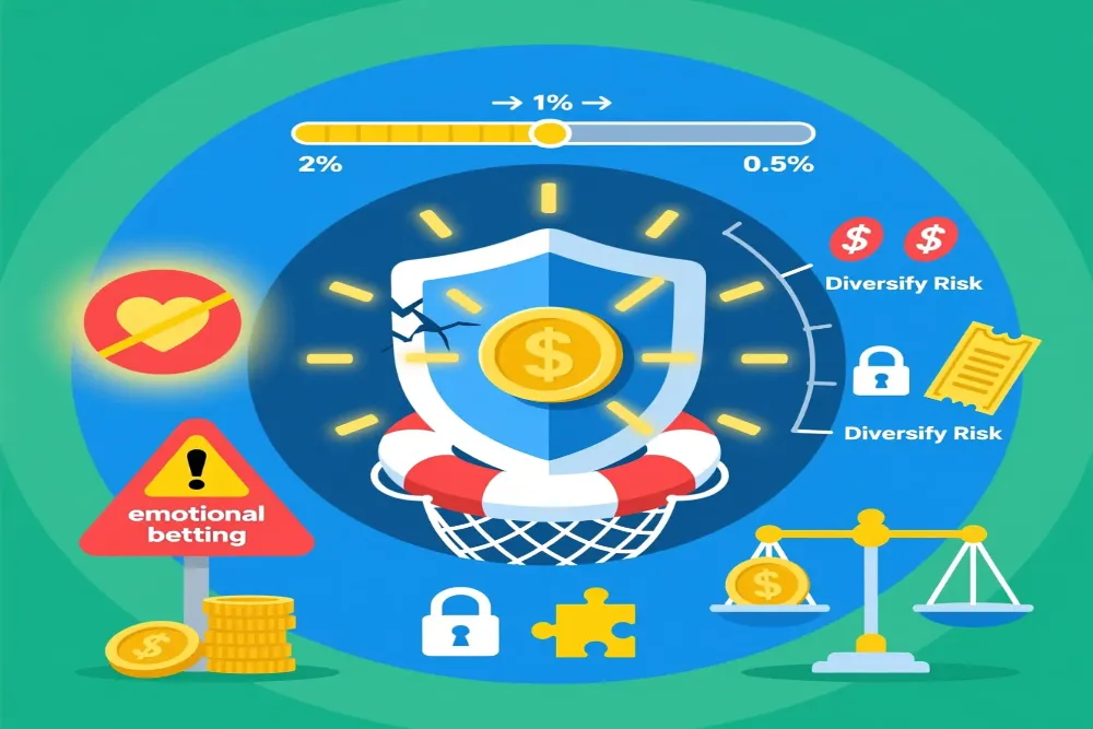 Betting risk management infographic showing bankroll protection, stake sizing, diversification and hedging strategies for Old Firm matches