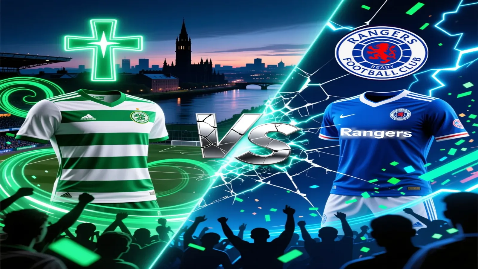 Old Firm derby rivalry between Celtic and Rangers showing split screen of both Glasgow clubs