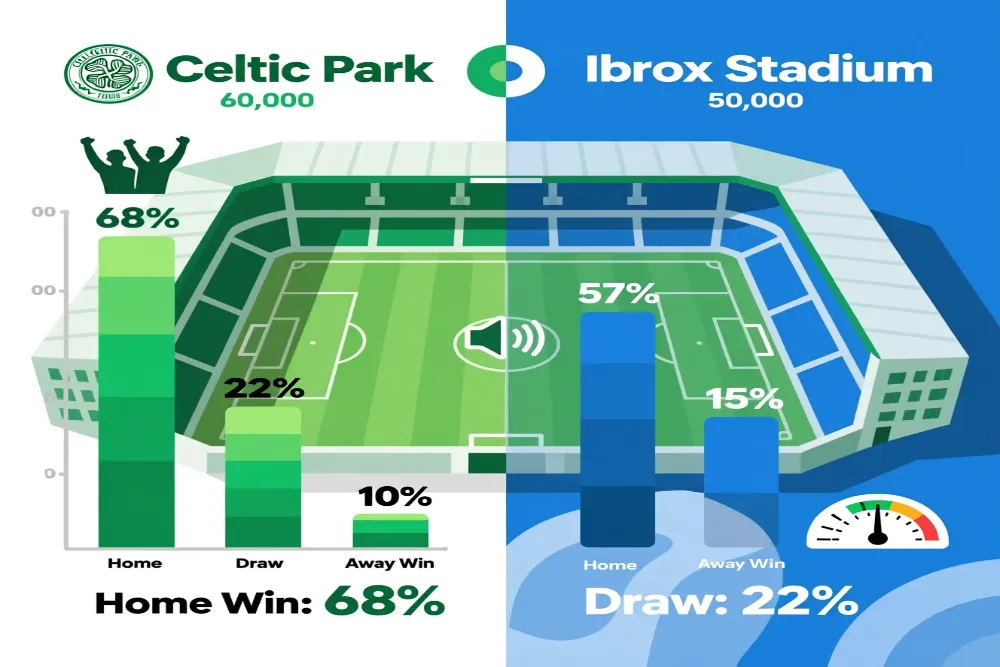 Old Firm home advantage statistics showing Celtic Park and Ibrox Stadium capacity with win percentage data visualization