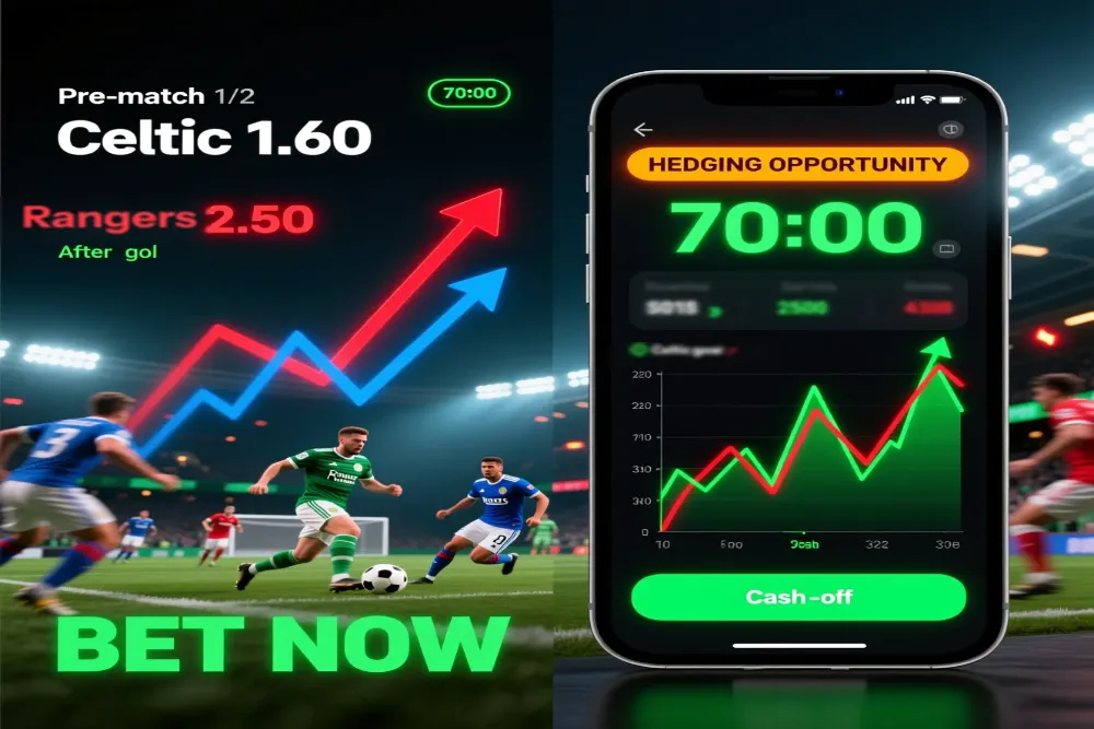 Live in-play betting odds fluctuation during Old Firm match showing pre-match and post-goal odds changes with timing strategy