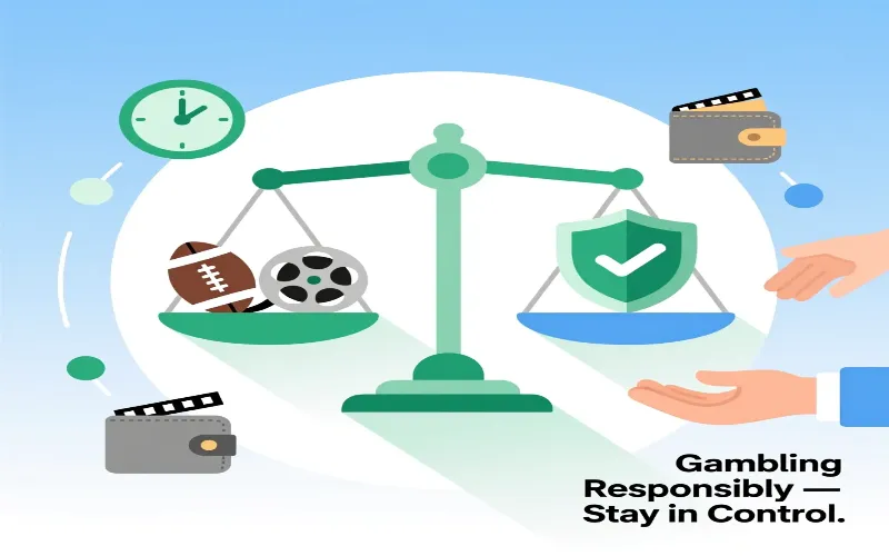 Responsible gambling concept illustration showing balanced scale with entertainment and safety symbols emphasizing healthy betting habits