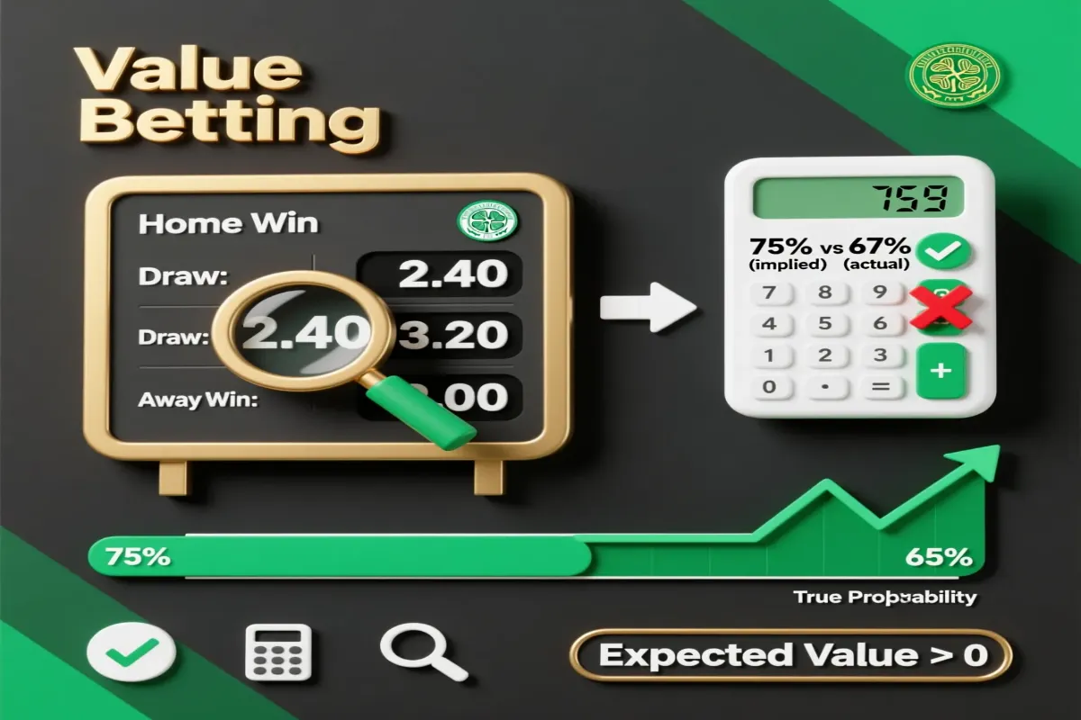 Value betting analysis showing probability calculations, Celtic match odds comparison and expected value opportunities