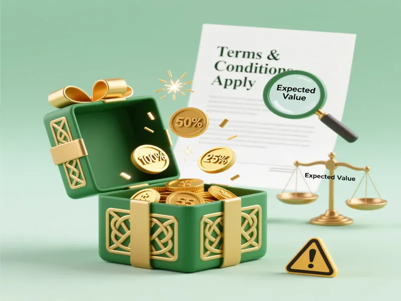 Gift box with betting bonuses showing percentage symbols and magnifying glass examining terms and conditions