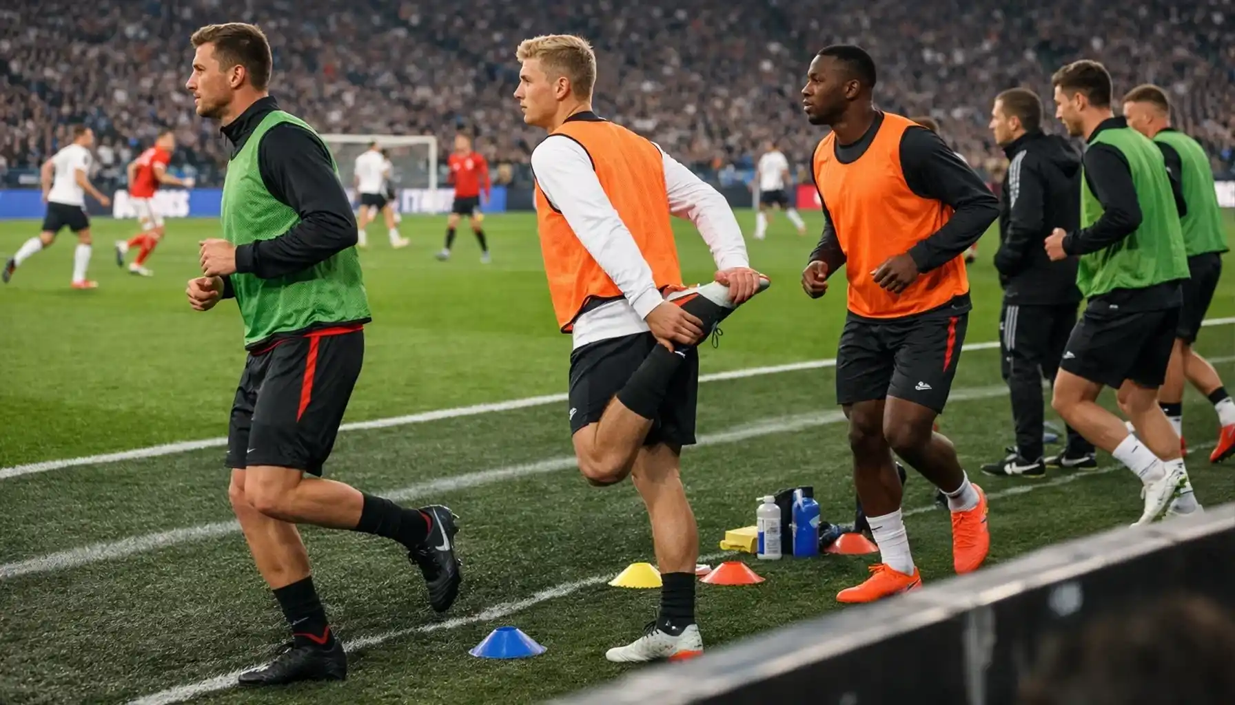 Football substitutes warming up on sideline during match