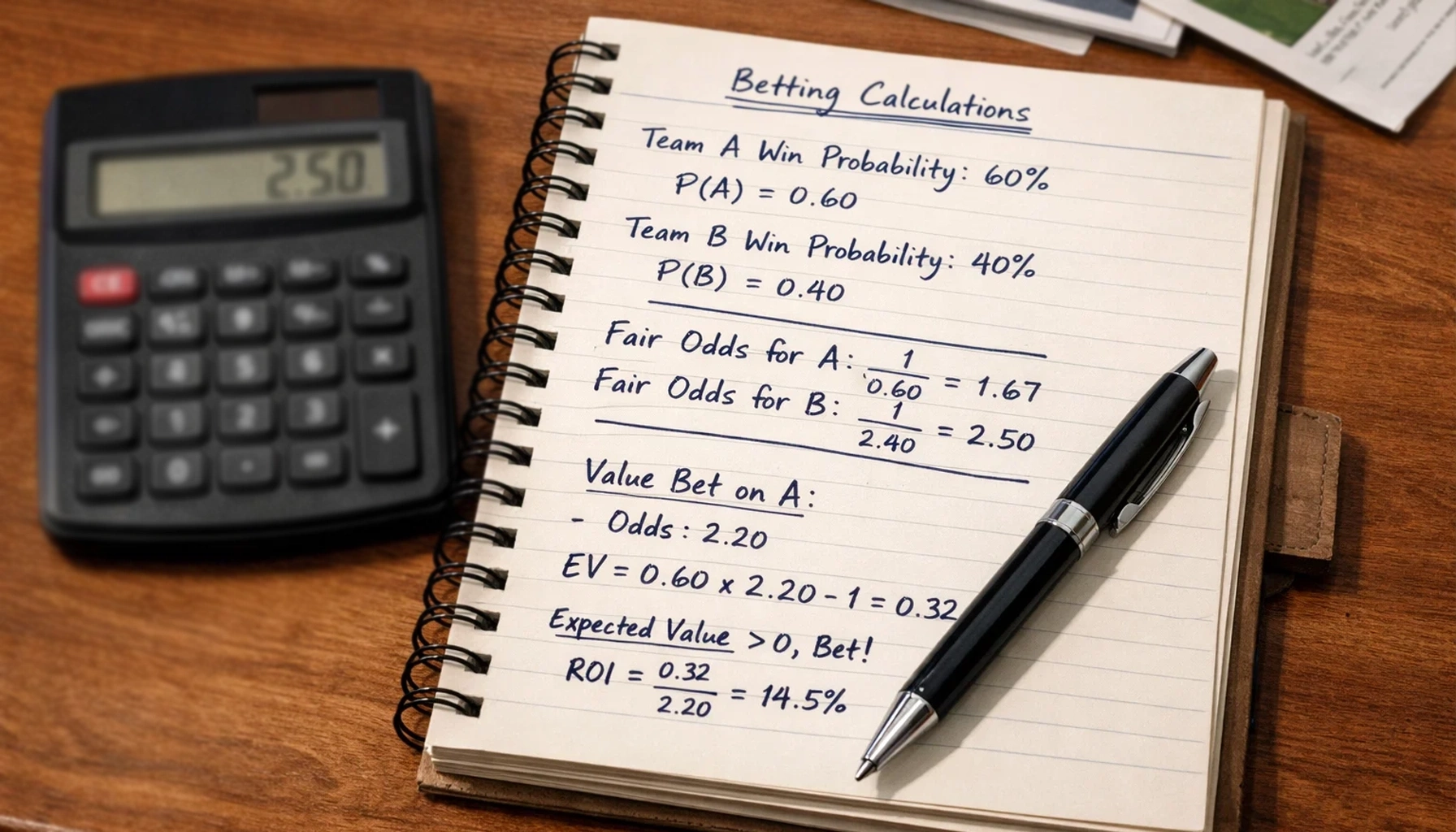 Calculator and notepad showing betting odds calculations