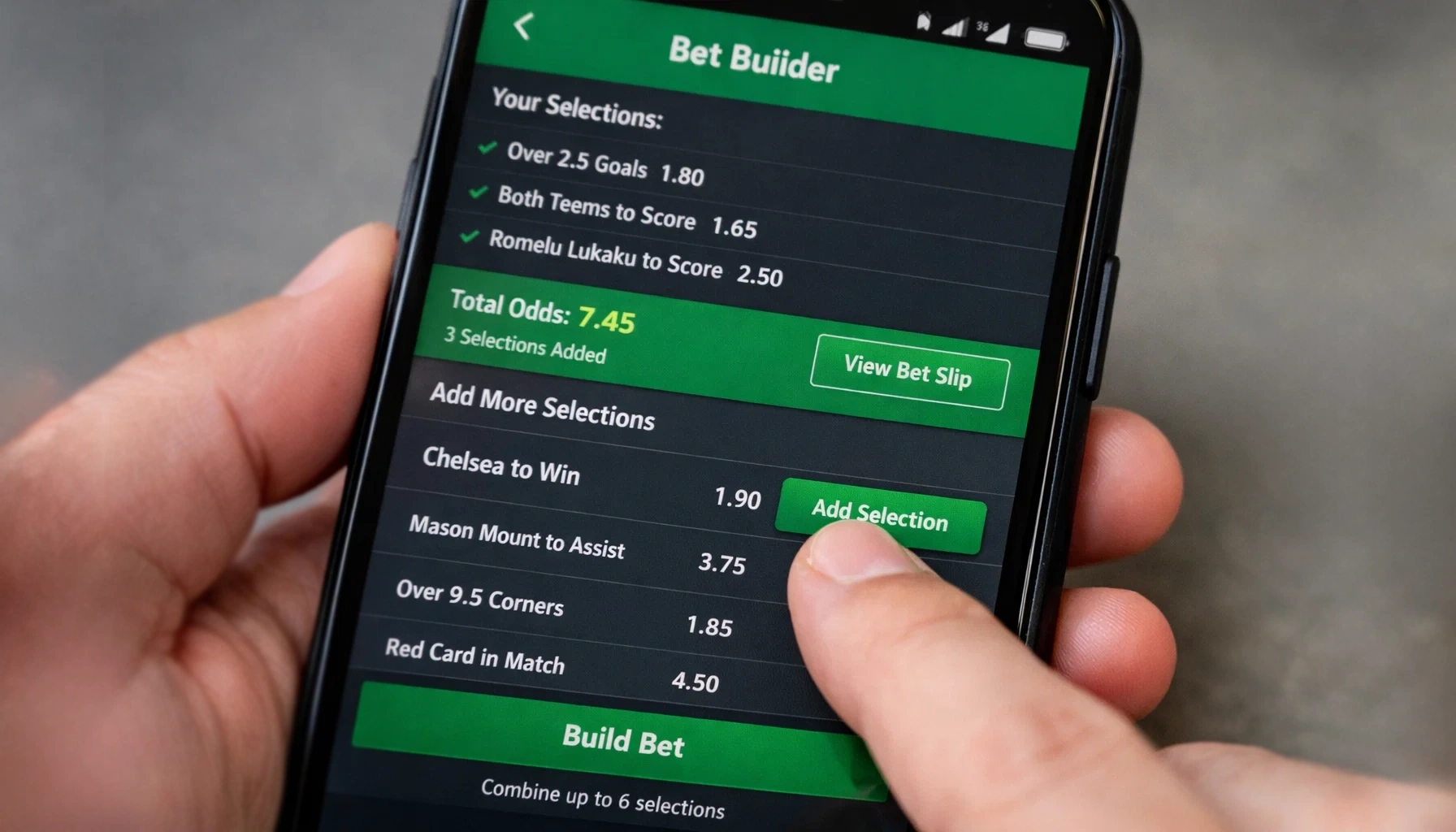 Mobile phone screen showing bet builder interface with selections
