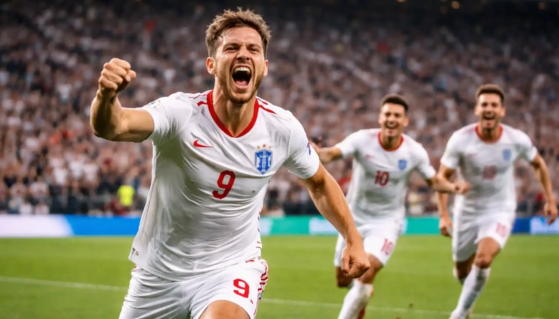 Football player celebrating goal with teammates
