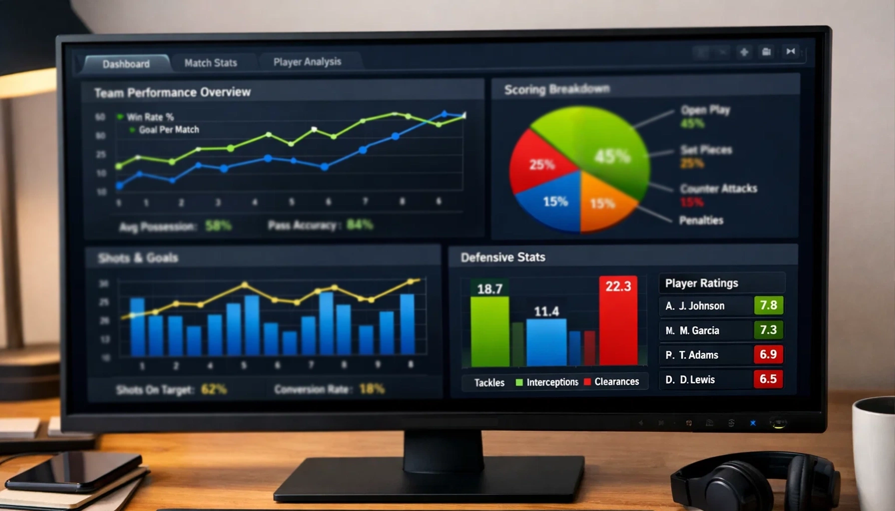 Computer monitor displaying football performance charts and graphs