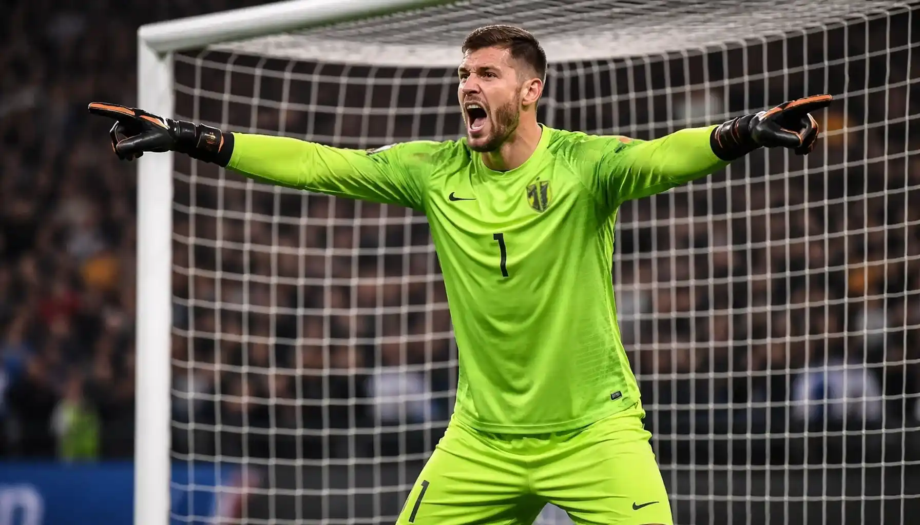 Football goalkeeper commanding penalty area during defensive situation