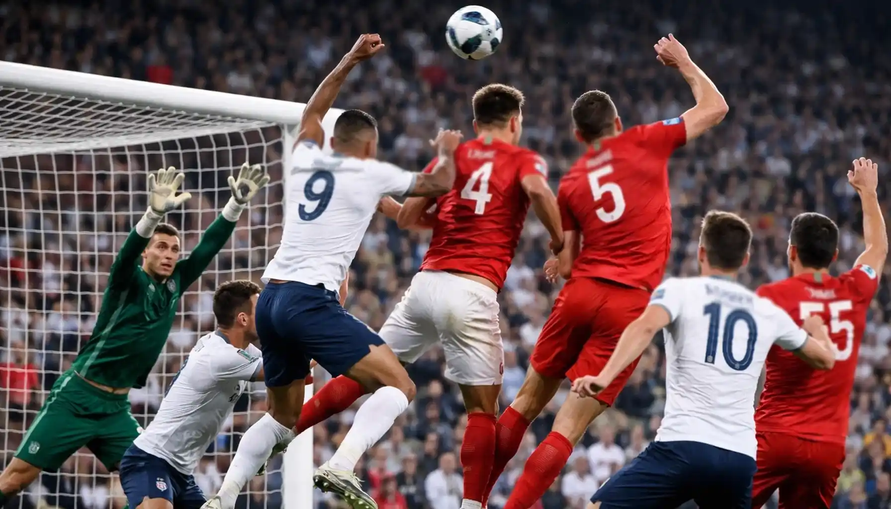 Football players competing for header from corner kick