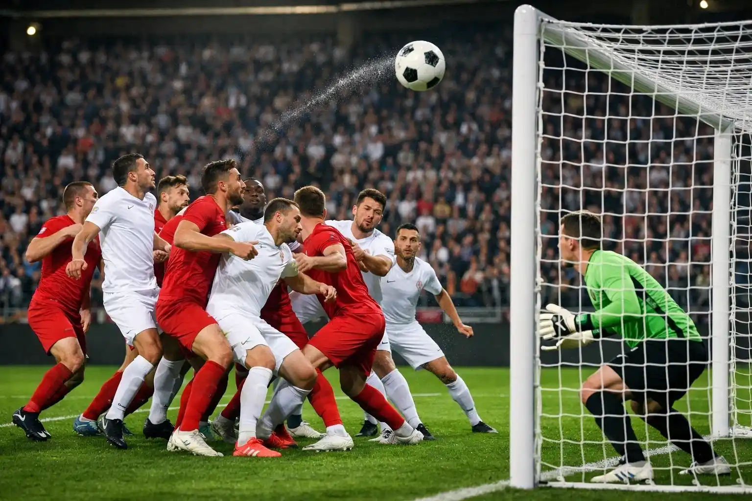 Football corner kick being delivered into crowded penalty area