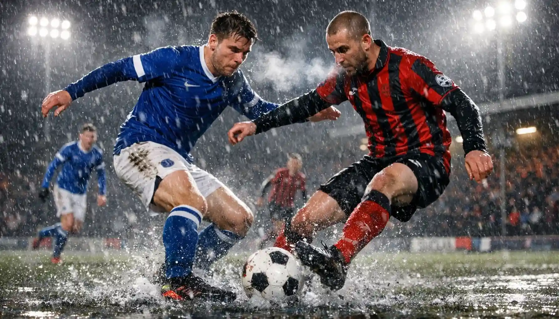 Football match being played in challenging winter weather conditions