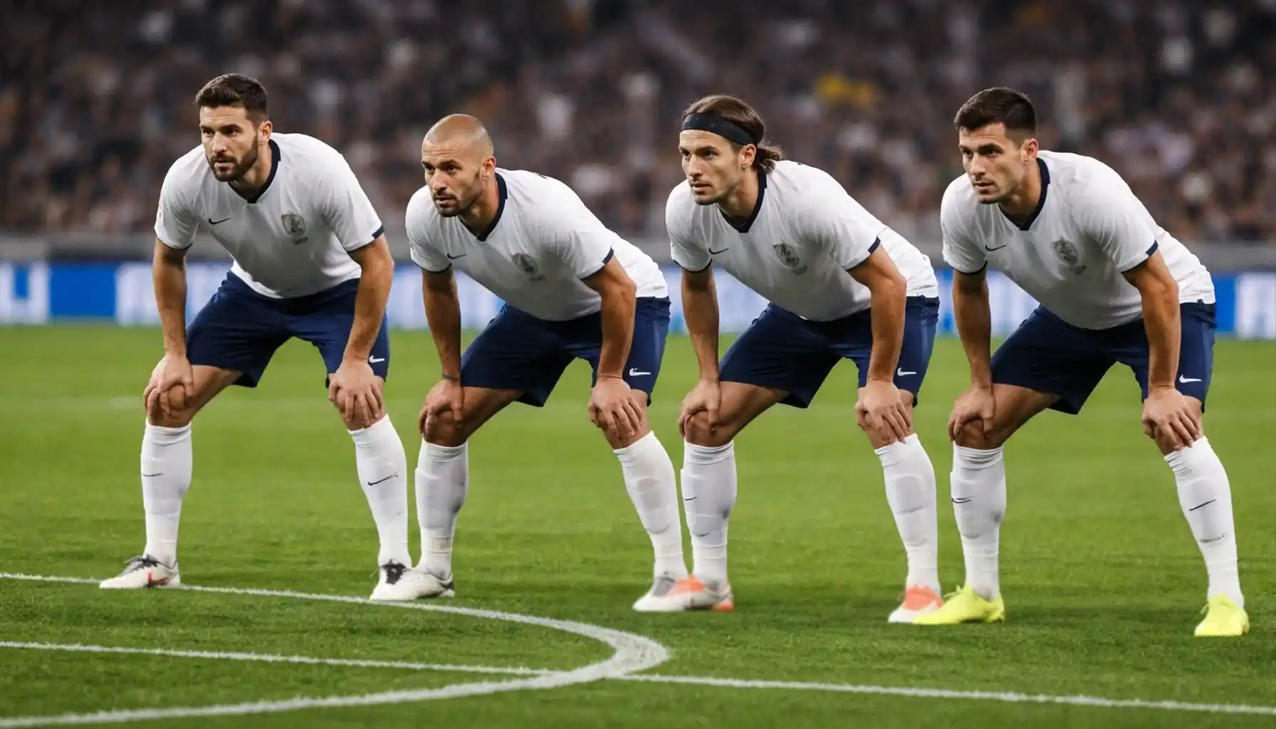 Football defensive line holding position during match