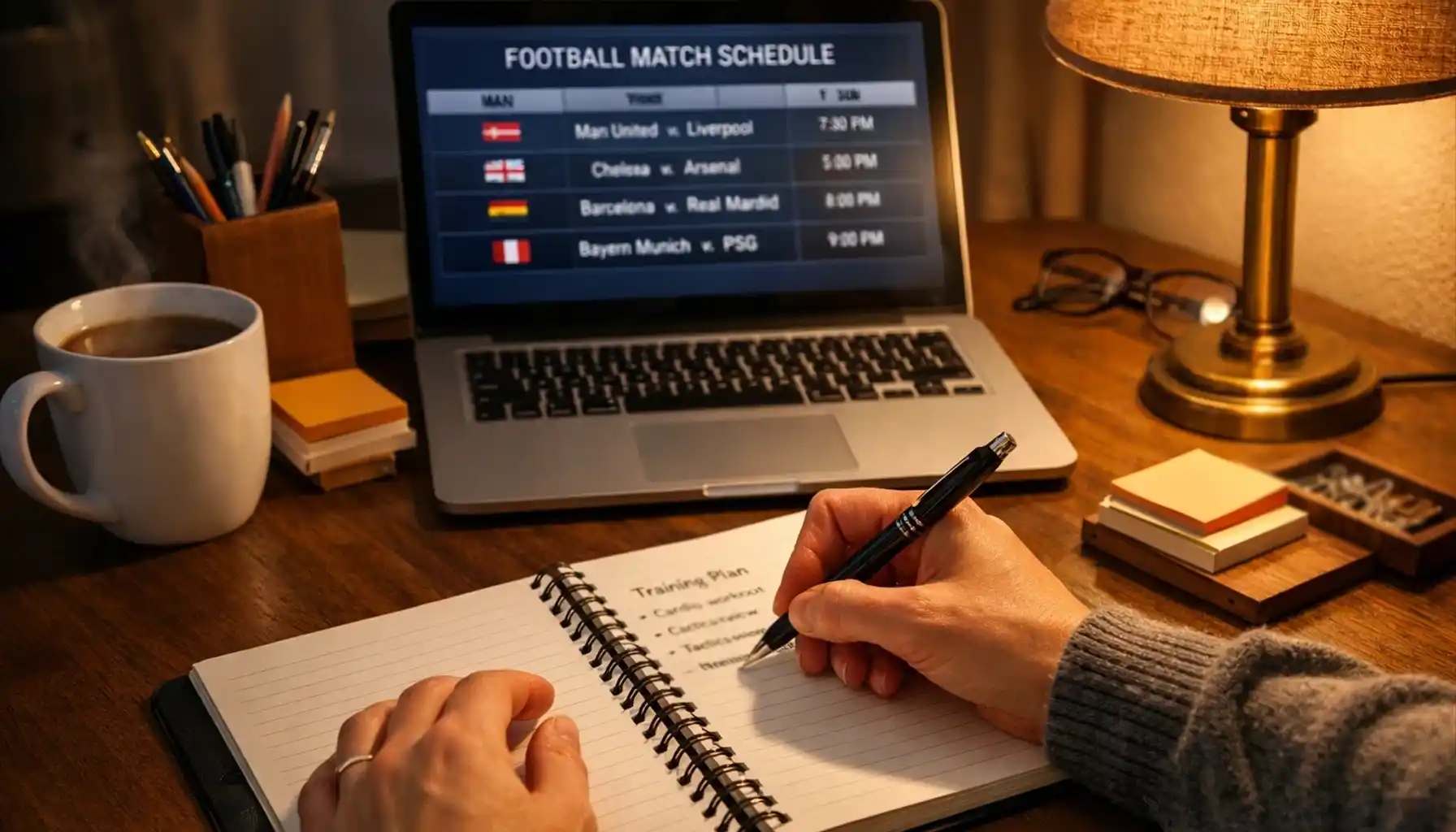 Person writing in betting journal with laptop showing match schedule