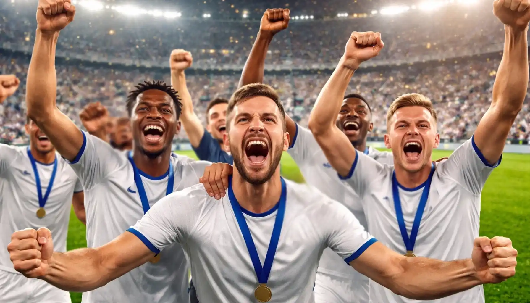Football team celebrating emphatic victory with arms raised