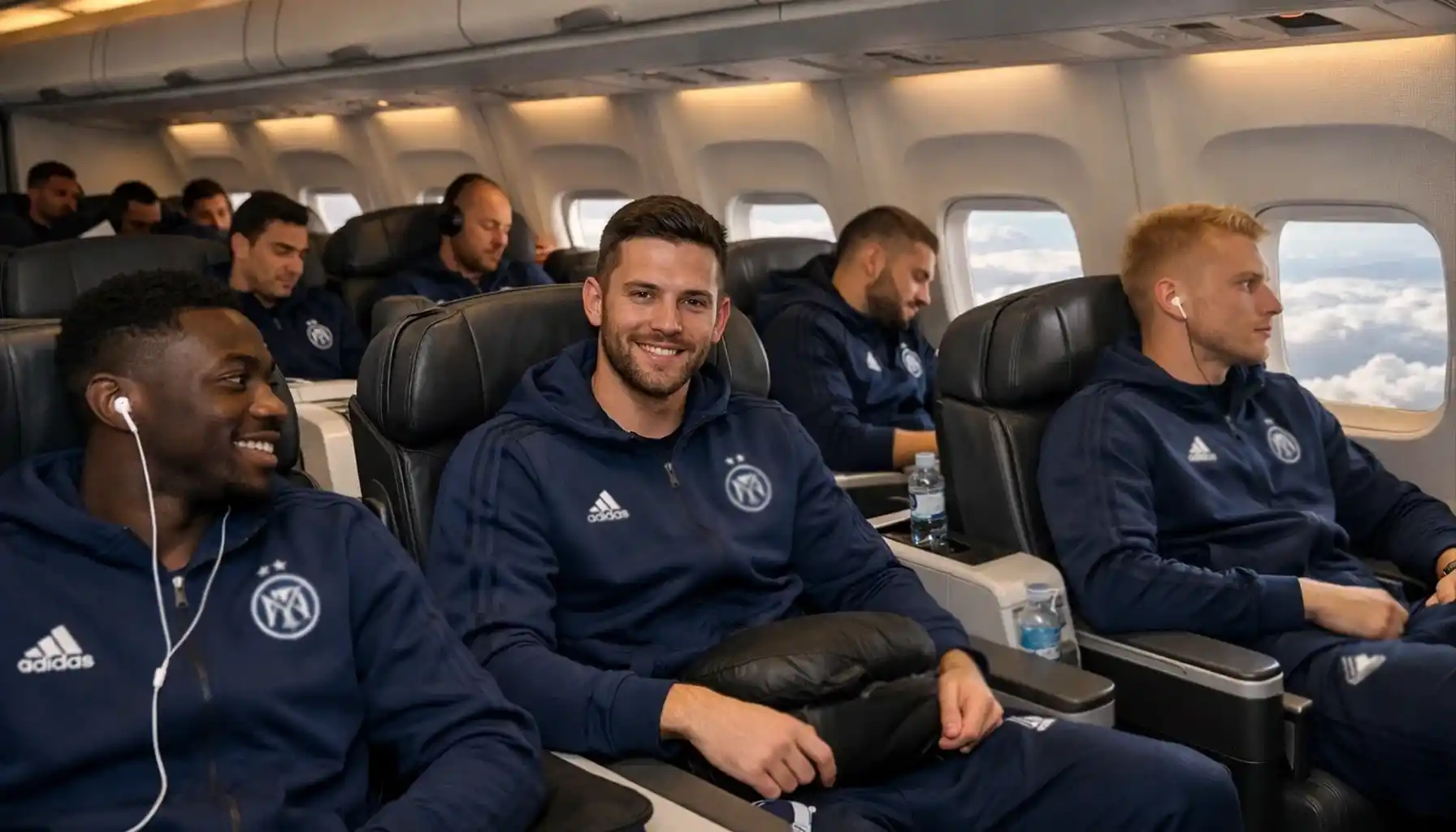 Football team travelling on airplane for European away match