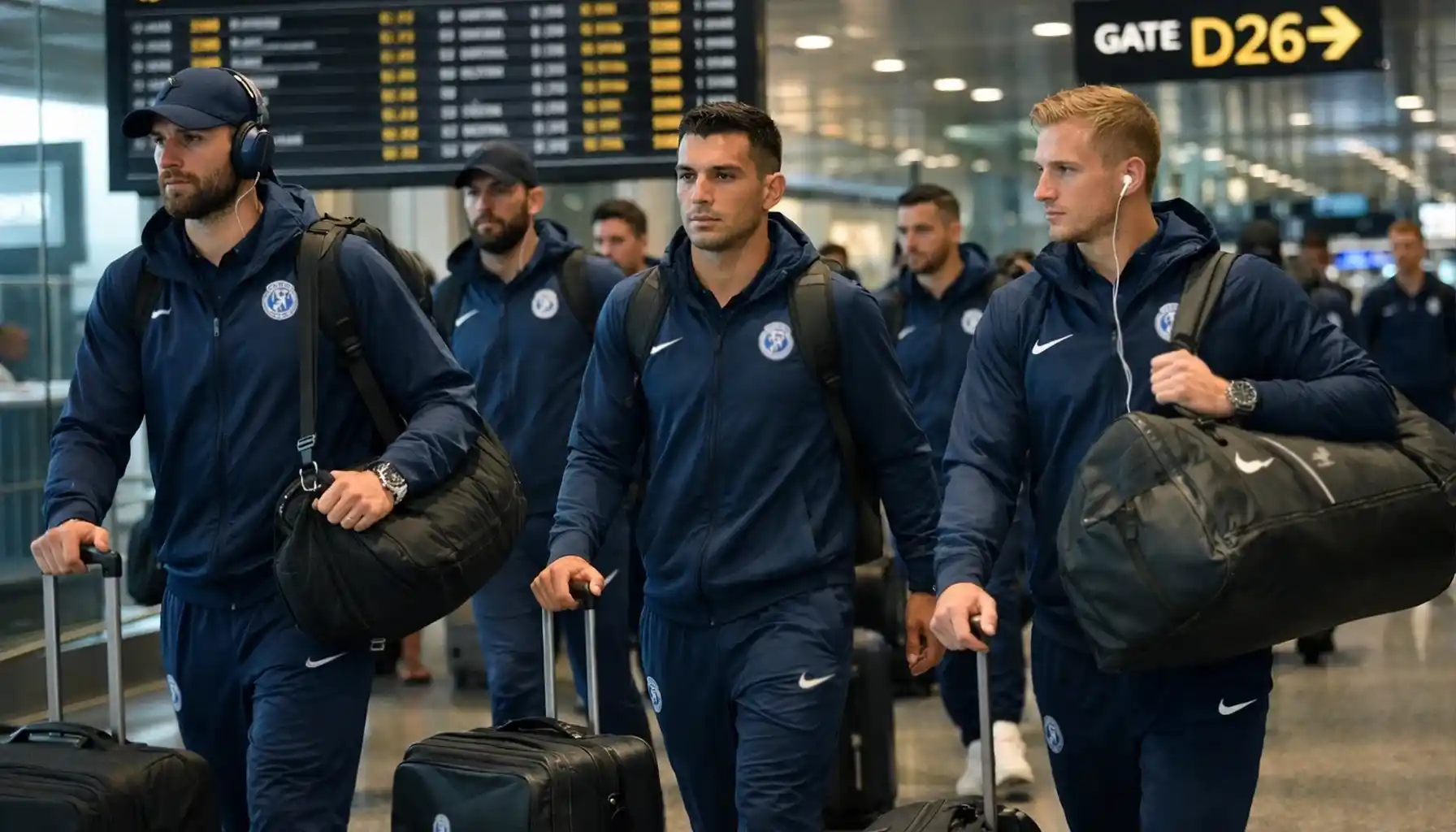Football team walking through airport terminal for European away trip