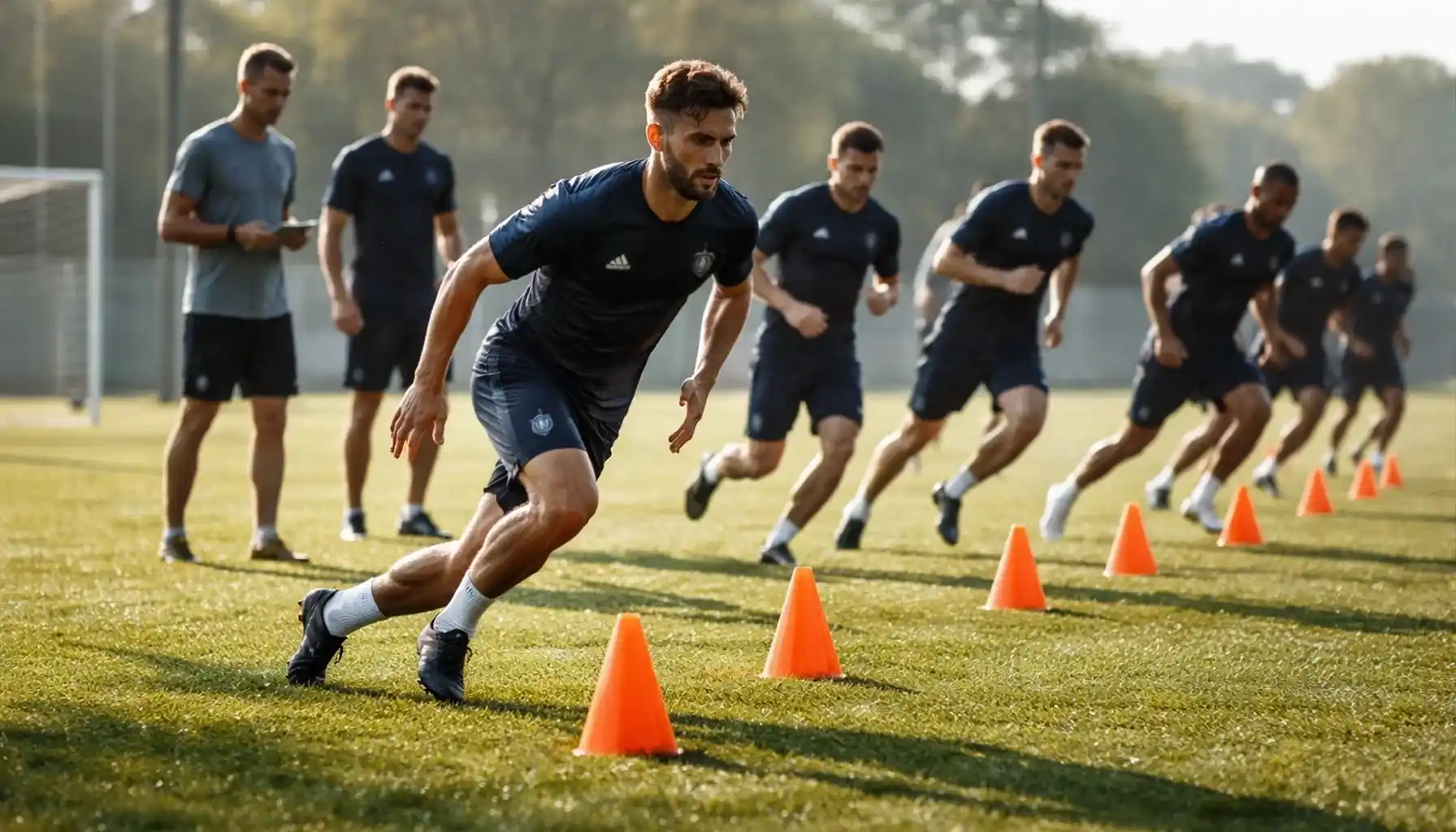 Football players doing fitness exercises on training ground