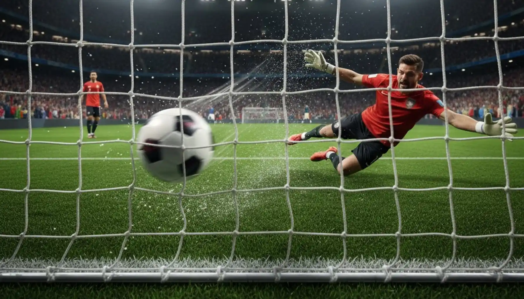 Football action shot showing goal being scored on green pitch