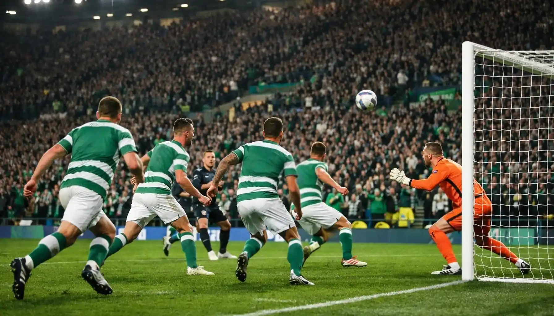 Football team attacking towards goal at home stadium
