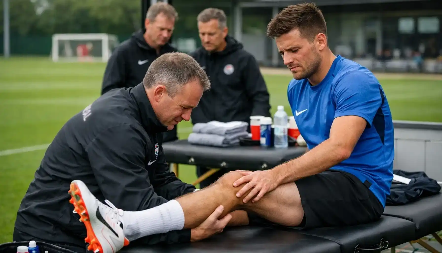 Football medical staff treating player on training ground