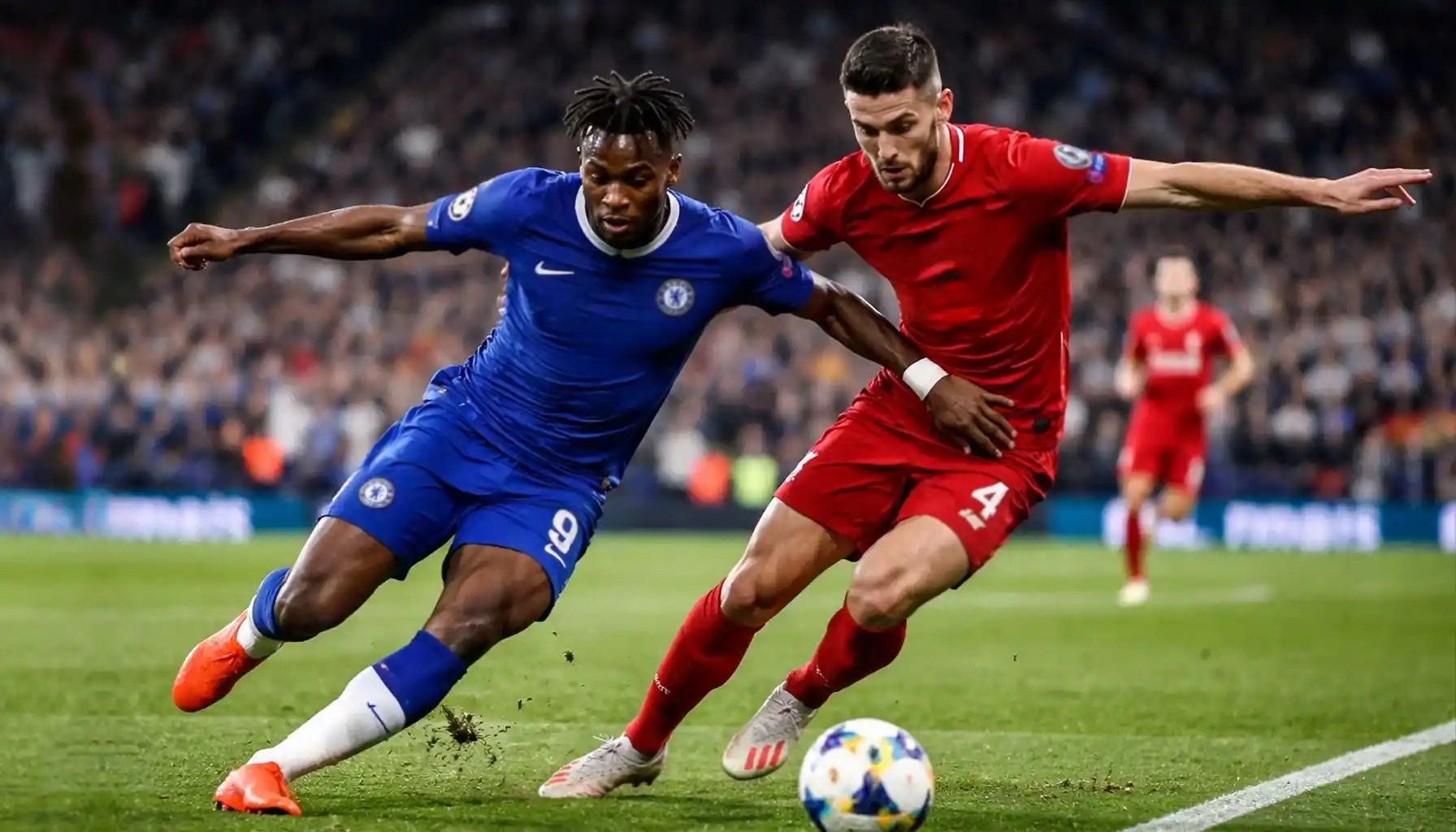 Intense football match action with players competing for the ball