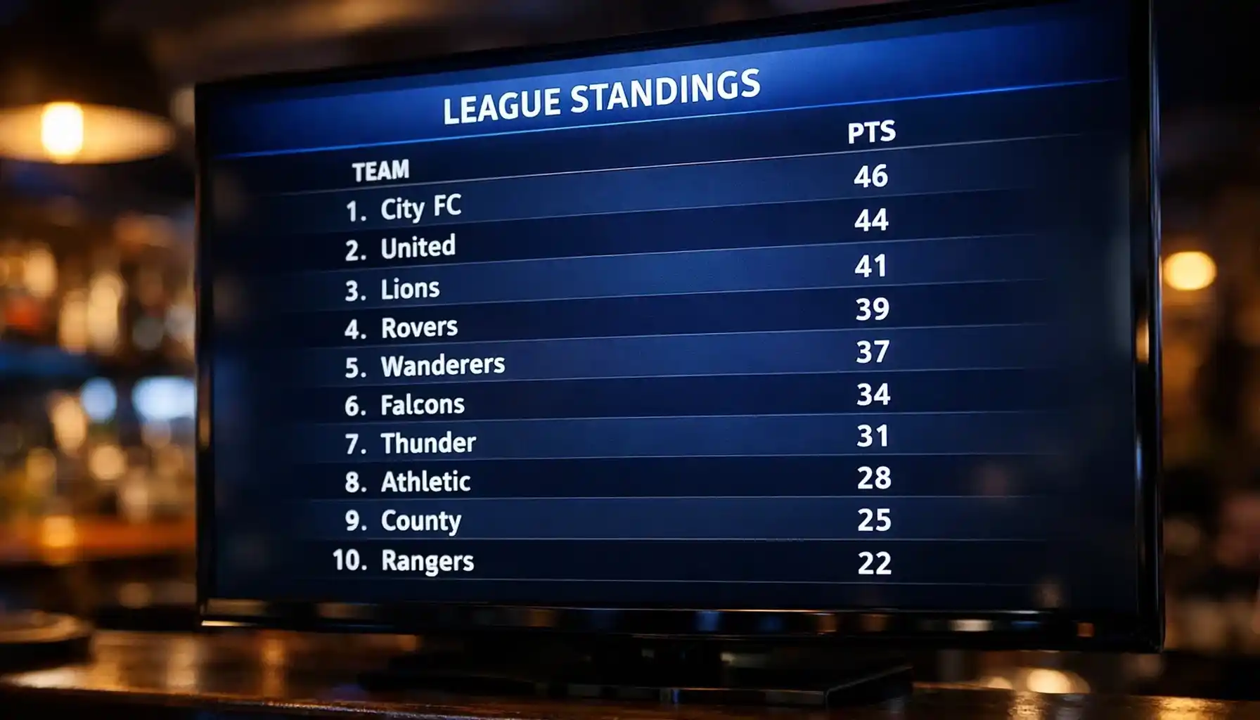 Football league standings displayed on digital screen