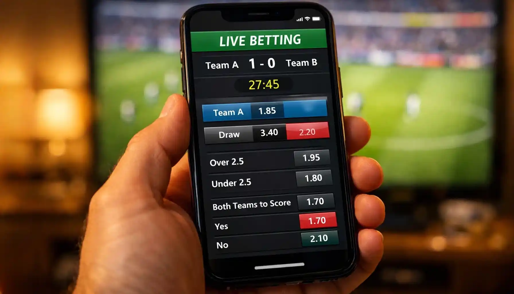 Smartphone showing live sports betting interface with match timer
