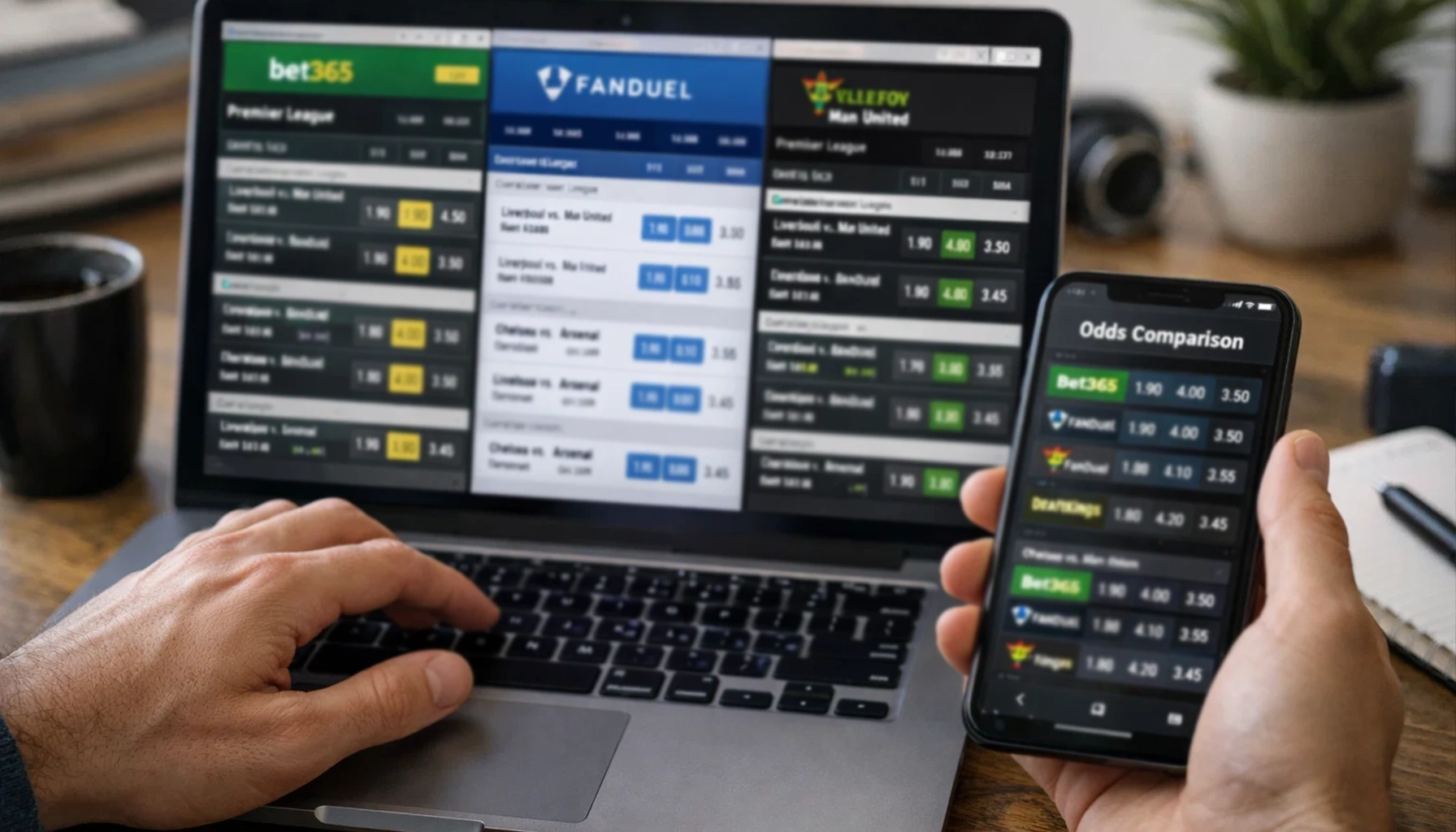 Person comparing betting odds on laptop and mobile devices