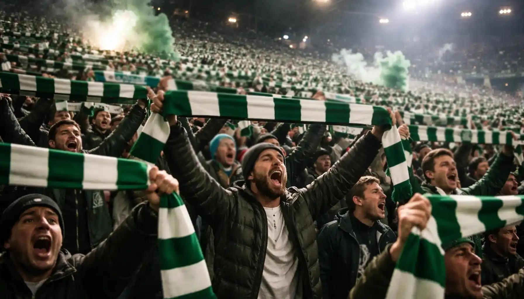 Passionate football supporters creating atmosphere with scarves raised