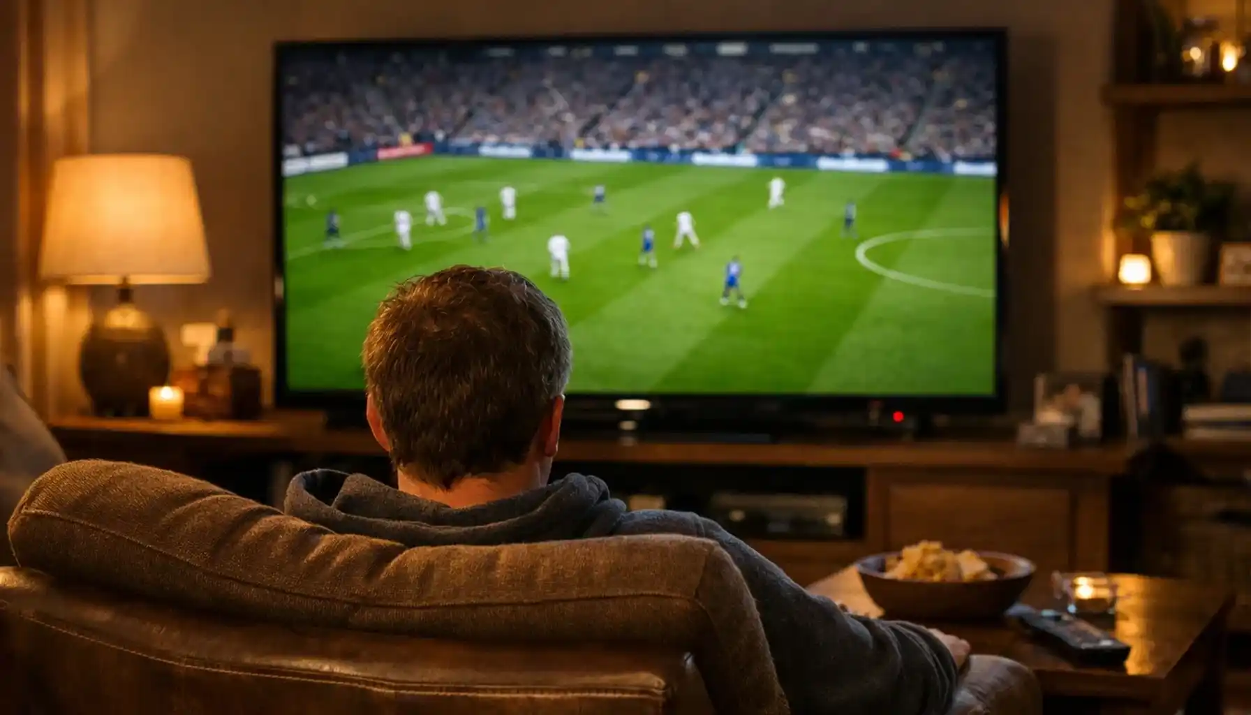 Person watching football match on television from comfortable seating