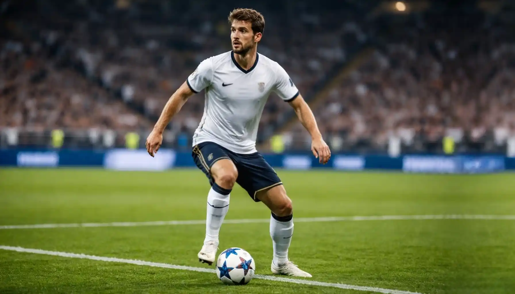 Football playmaker controlling the ball in midfield