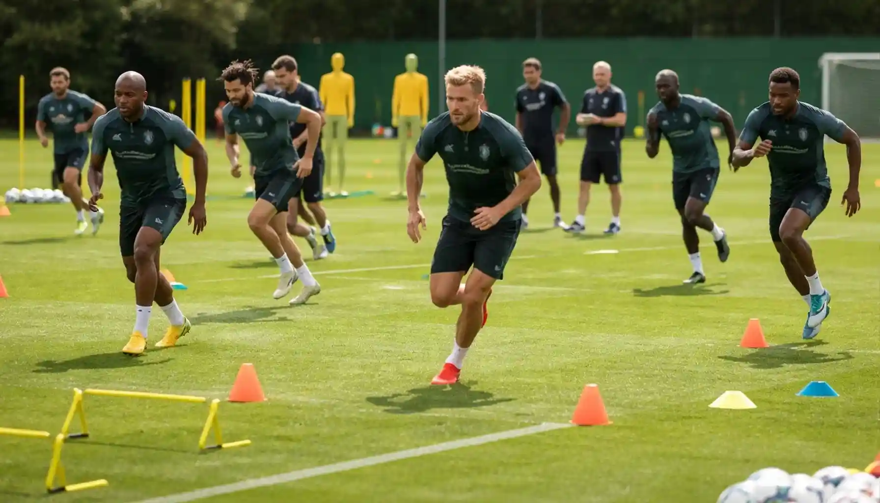 Football players during pre-season training session on grass pitch