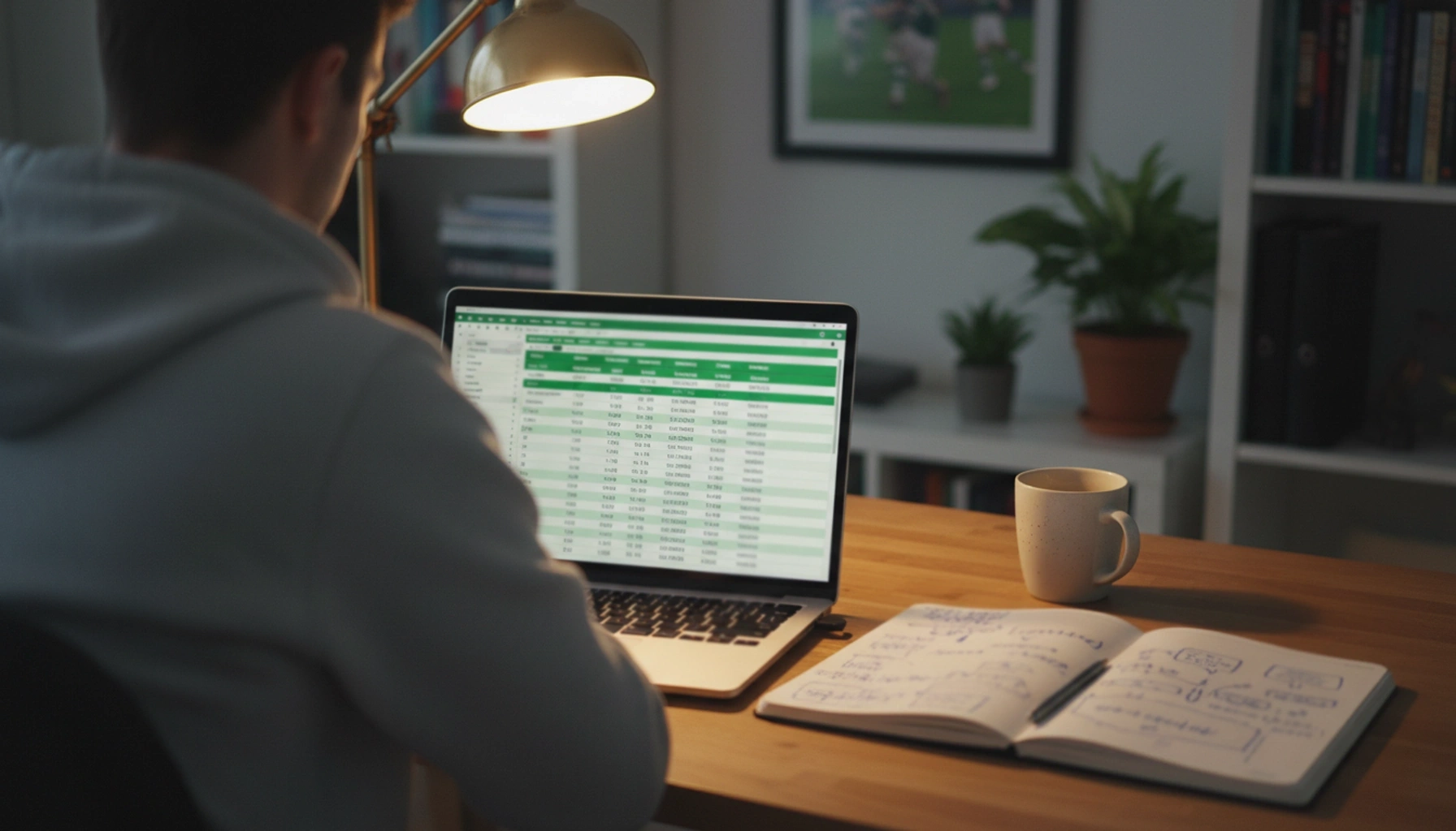 Person analyzing football statistics on laptop