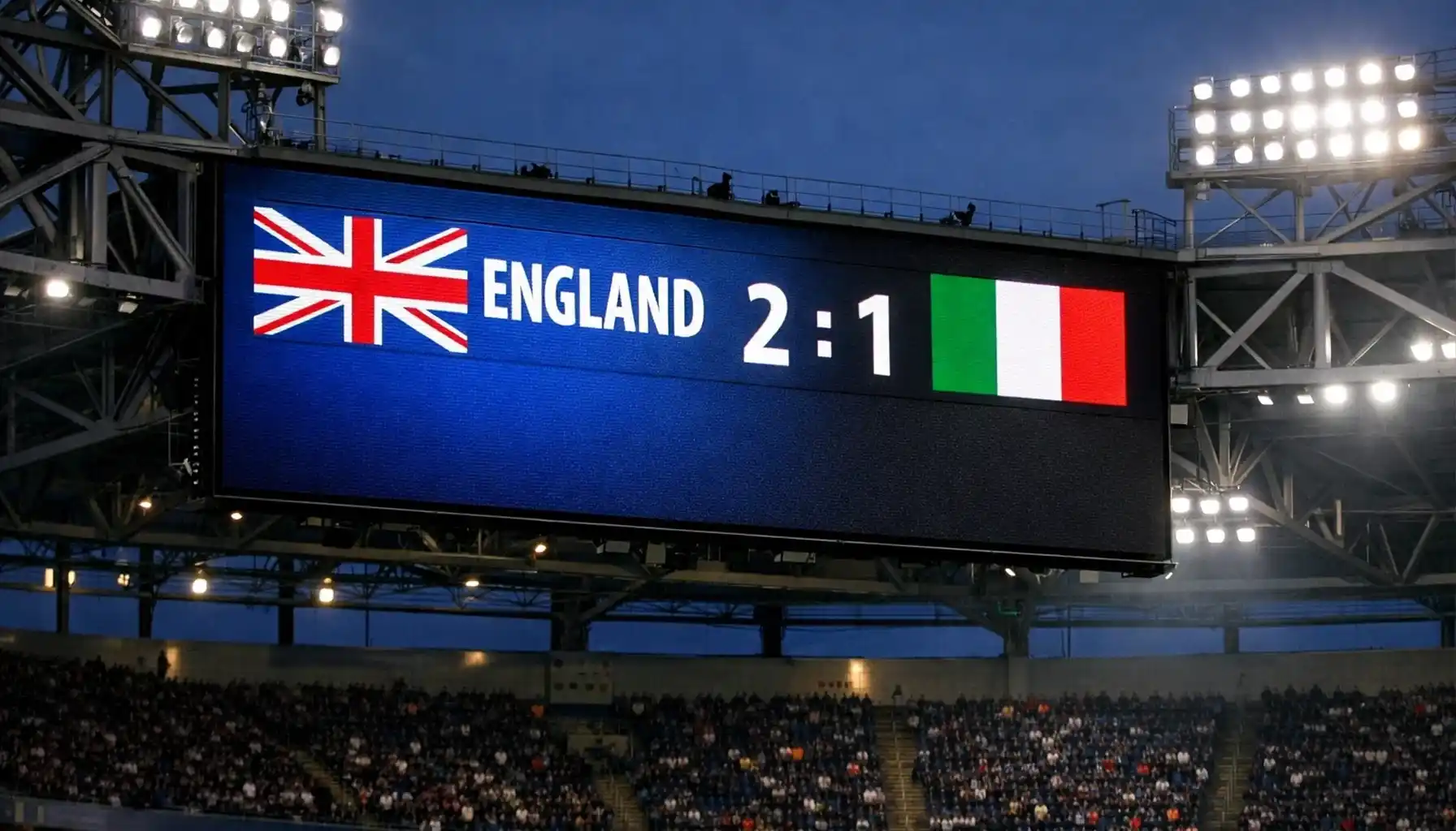 Stadium scoreboard showing goals tally during match