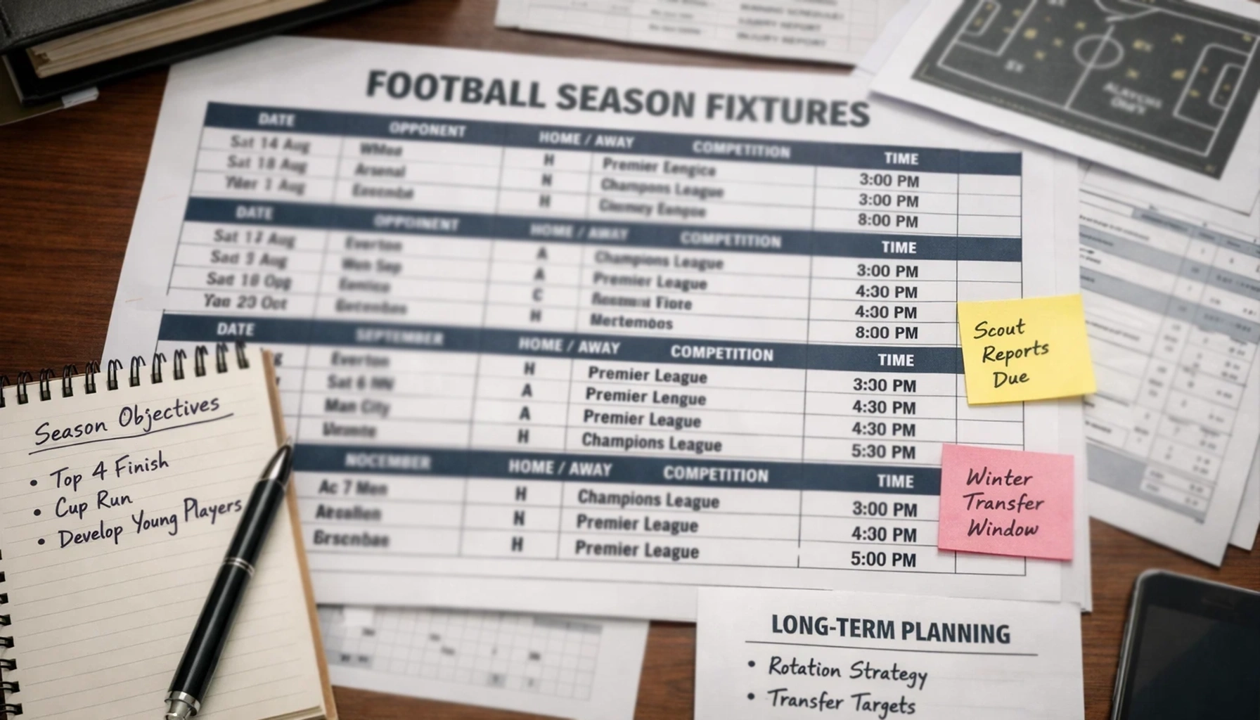 Football season fixture calendar and planning documents