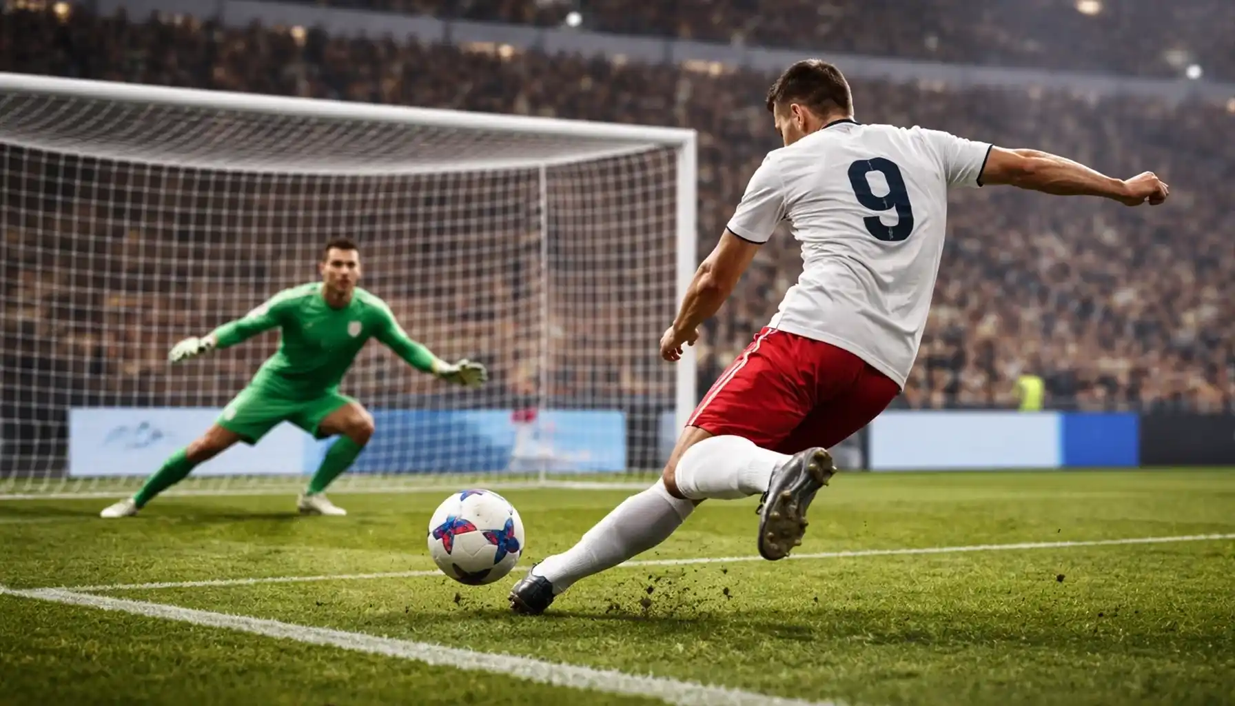 Football striker finishing chance in penalty area