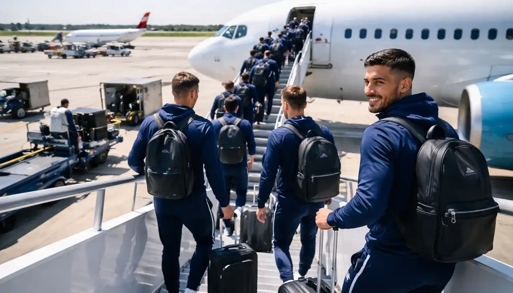 Football team boarding airplane for international tour