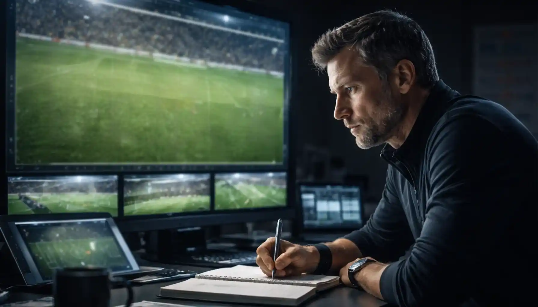 Football coach analyzing opponent tactics on video screen
