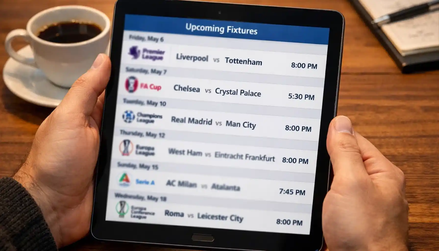 Football fixture schedule displayed on tablet screen