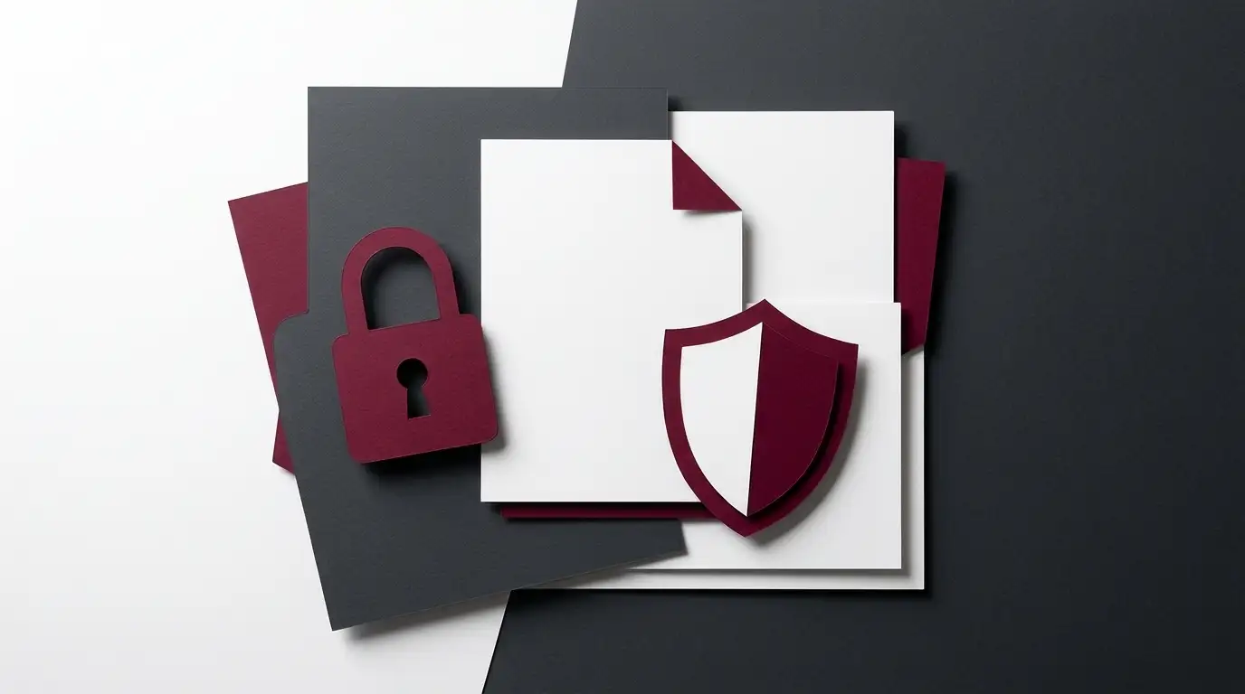 Abstract shield and padlock alongside unmarked documents about responsible online access