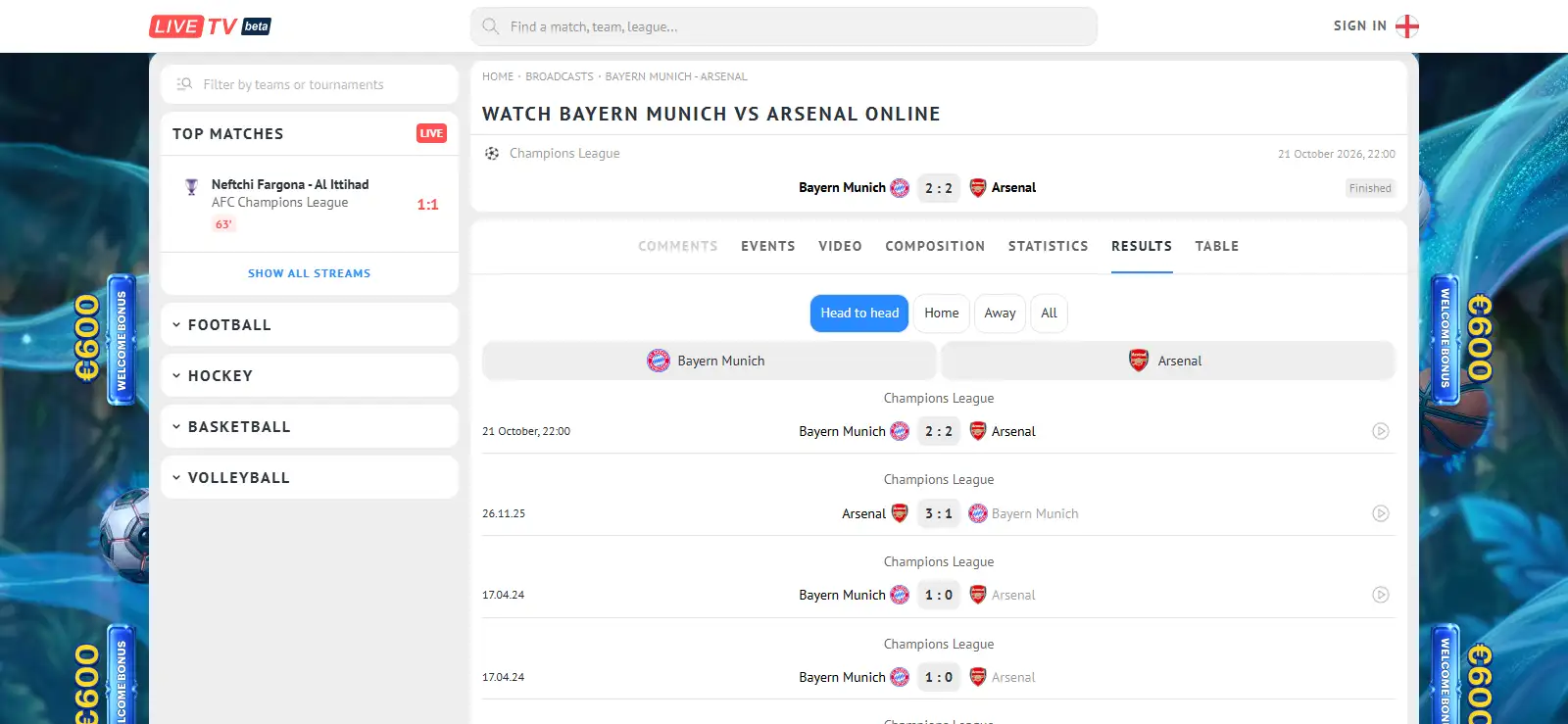 Completed football match page showing team details, match events and statistics sections