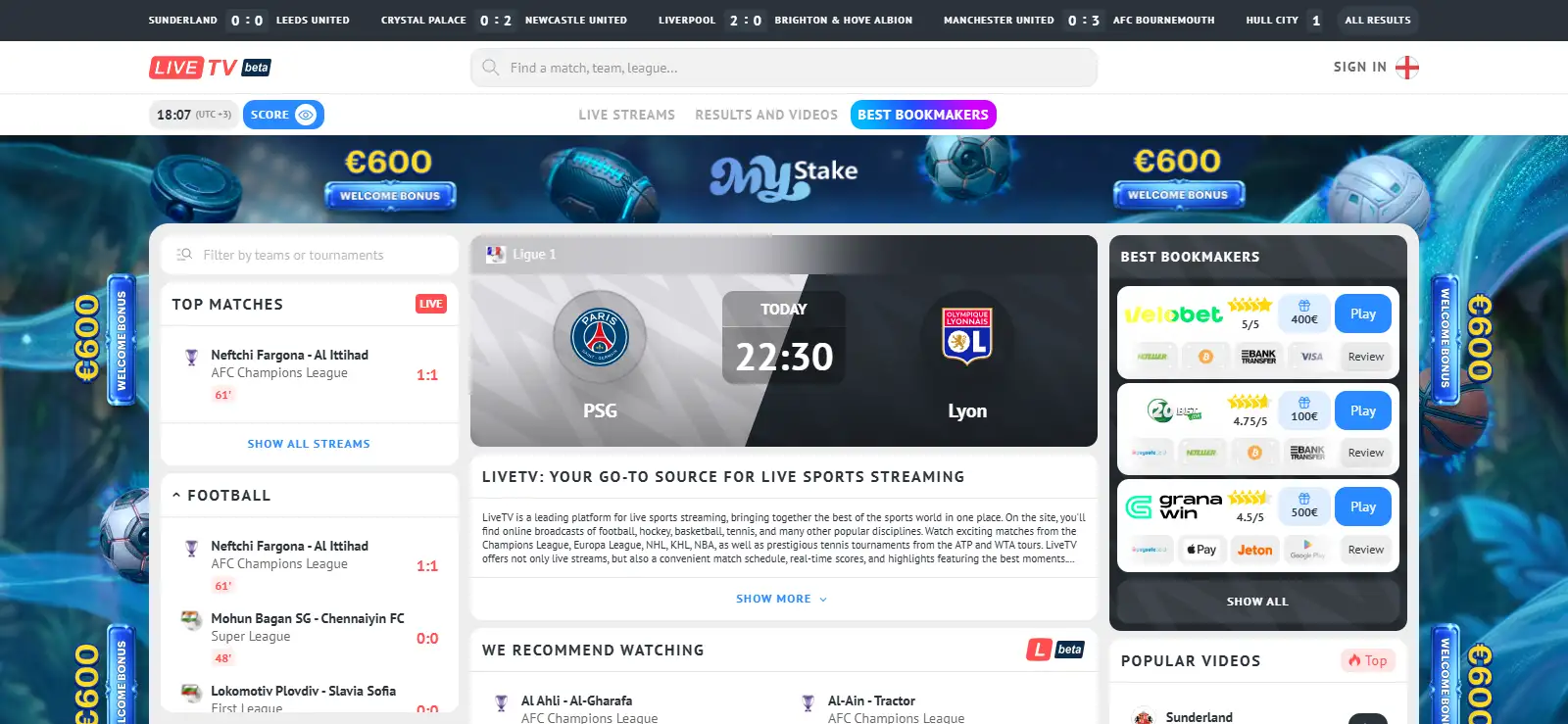 LiveTV home sections presenting recommended fixtures, broadcasts and football competitions